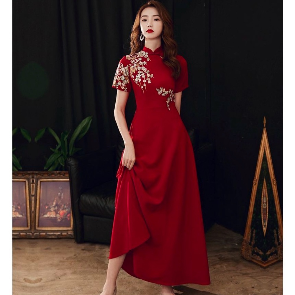 NEW Red floor length dress gown Lunar New Year Wedding Tea Ceremony Black Tie